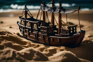 a wooden model of a pirate ship on the beach. AI-Generated photo