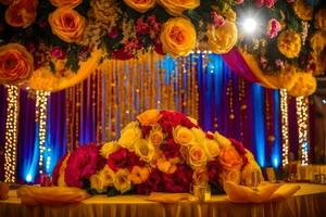 a colorful table with flowers and a canopy. AI-Generated photo