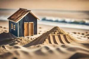 a small house sits on the sand with a pile of sand. AI-Generated photo