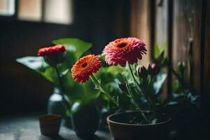 flowers in pots on a table. AI-Generated photo