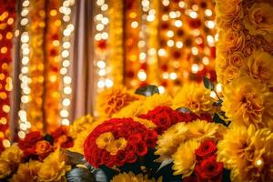 un ramo de flores de rojo y amarillo flores en frente de un cuerda de luces. generado por ai foto