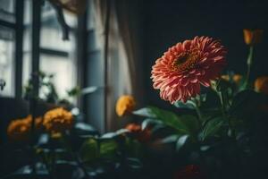 a flower is in front of a window. AI-Generated photo