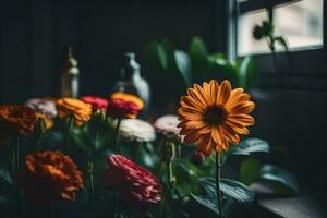 flowers in front of a window. AI-Generated photo