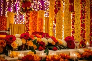 a wedding reception with red and orange flowers. AI-Generated photo