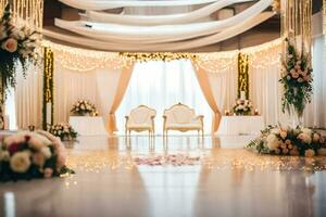 an elegant wedding ceremony with white and gold decor. AI-Generated photo