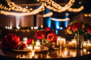 a table with candles and flowers in front of a string of lights. AI-Generated photo