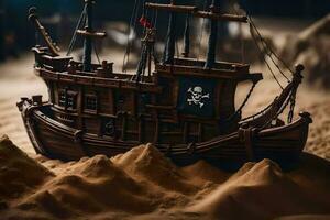 a pirate ship is sitting on sand in the desert. AI-Generated photo