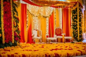 a wedding stage decorated with red and yellow flowers. AI-Generated photo