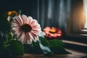un flor es sentado en un mesa cerca un ventana. generado por ai foto
