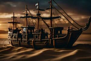 a model pirate ship sits on the sand. AI-Generated photo