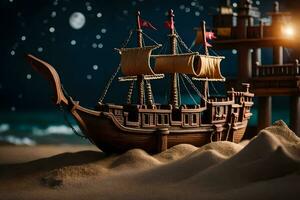 a model of a pirate ship on the beach. AI-Generated photo