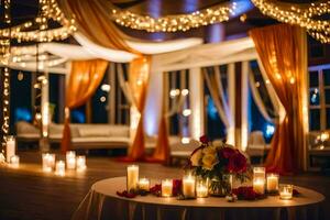 a wedding reception with candles and curtains. AI-Generated photo