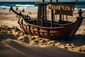 a model of a wooden ship on the beach. AI-Generated photo