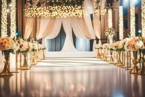 a wedding aisle with gold and pink flowers. AI-Generated photo