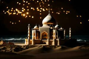 a taj mahal in the desert with lights. AI-Generated photo