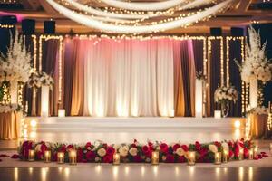 un Boda etapa con velas y flores generado por ai foto