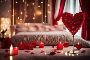 a bed with candles and a heart shaped vase. AI-Generated photo