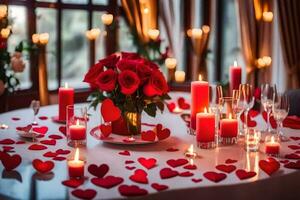 valentine's day table setting with candles and roses. AI-Generated photo