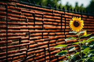 a sunflower is growing in front of a brick fence. AI-Generated photo