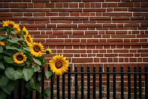 girasoles en frente de un ladrillo pared. generado por ai foto