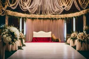 a wedding ceremony with white and red decor. AI-Generated photo