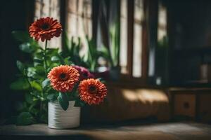 orange flowers in a vase on a table. AI-Generated photo