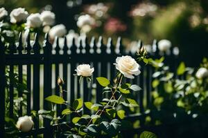 white roses are growing in front of a black fence. AI-Generated photo