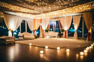 a wedding reception room with candles and lights. AI-Generated photo