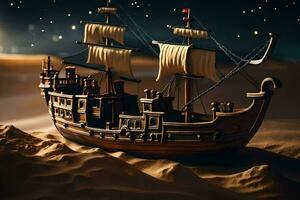 a model ship in the desert with stars. AI-Generated photo