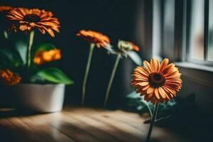 orange flowers in a vase on a wooden table. AI-Generated photo