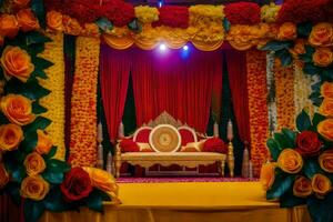 an indian wedding stage decorated with red and yellow flowers. AI-Generated photo