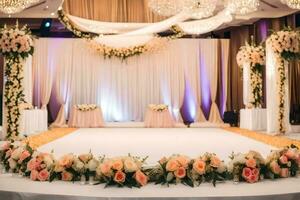 an elegant wedding ceremony with flowers and white drapes. AI-Generated photo