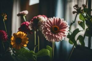 flores en un florero en un ventana umbral. generado por ai foto