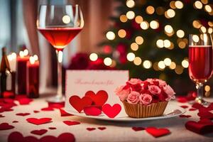 valentine's day cupcakes and wine. AI-Generated photo