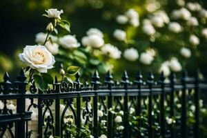 white roses on a black wrought fence. AI-Generated photo