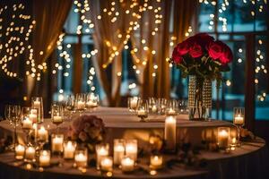 a table with candles and flowers in front of a string of lights. AI-Generated photo