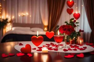 valentine's day romantic dinner with candles and roses. AI-Generated photo