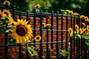 a fence with sunflowers and a black iron fence. AI-Generated photo