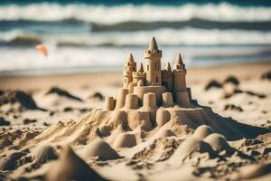 a sand castle on the beach with a kite flying in the background. AI-Generated photo