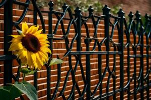 a sunflower is growing through a black iron fence. AI-Generated photo