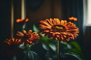 orange flowers in a vase on a dark background. AI-Generated photo