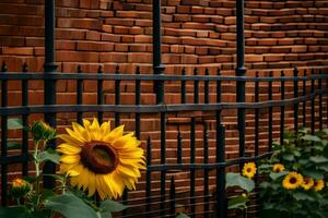 a sunflower is in front of a brick wall. AI-Generated photo