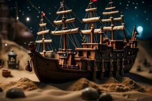 a model of a pirate ship in the sand. AI-Generated photo