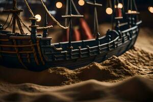 a model of a pirate ship in the sand. AI-Generated photo