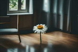 a single daisy in a room with a chair. AI-Generated photo