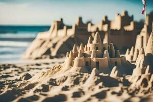 un arena castillo en el playa. generado por ai foto