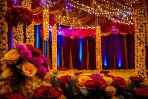 a colorful wedding stage with flowers and lights. AI-Generated photo