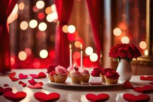 valentine's day cupcakes and roses on a table. AI-Generated photo