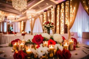 a wedding reception table with candles and red roses. AI-Generated photo