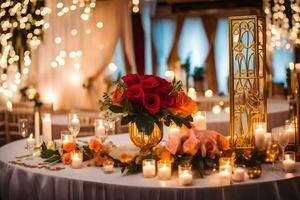 a table with candles and flowers on it. AI-Generated photo